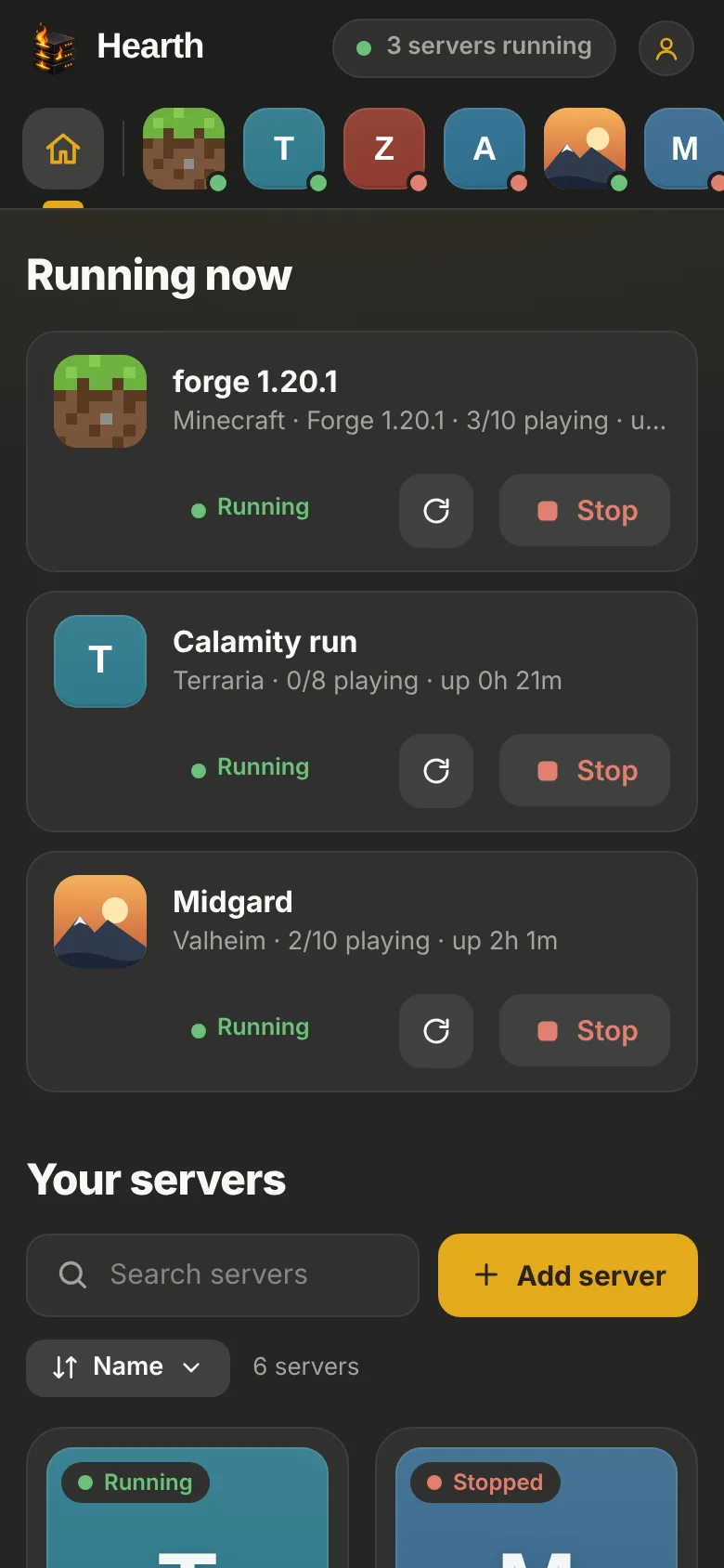 Hearth on a phone, showing three running servers